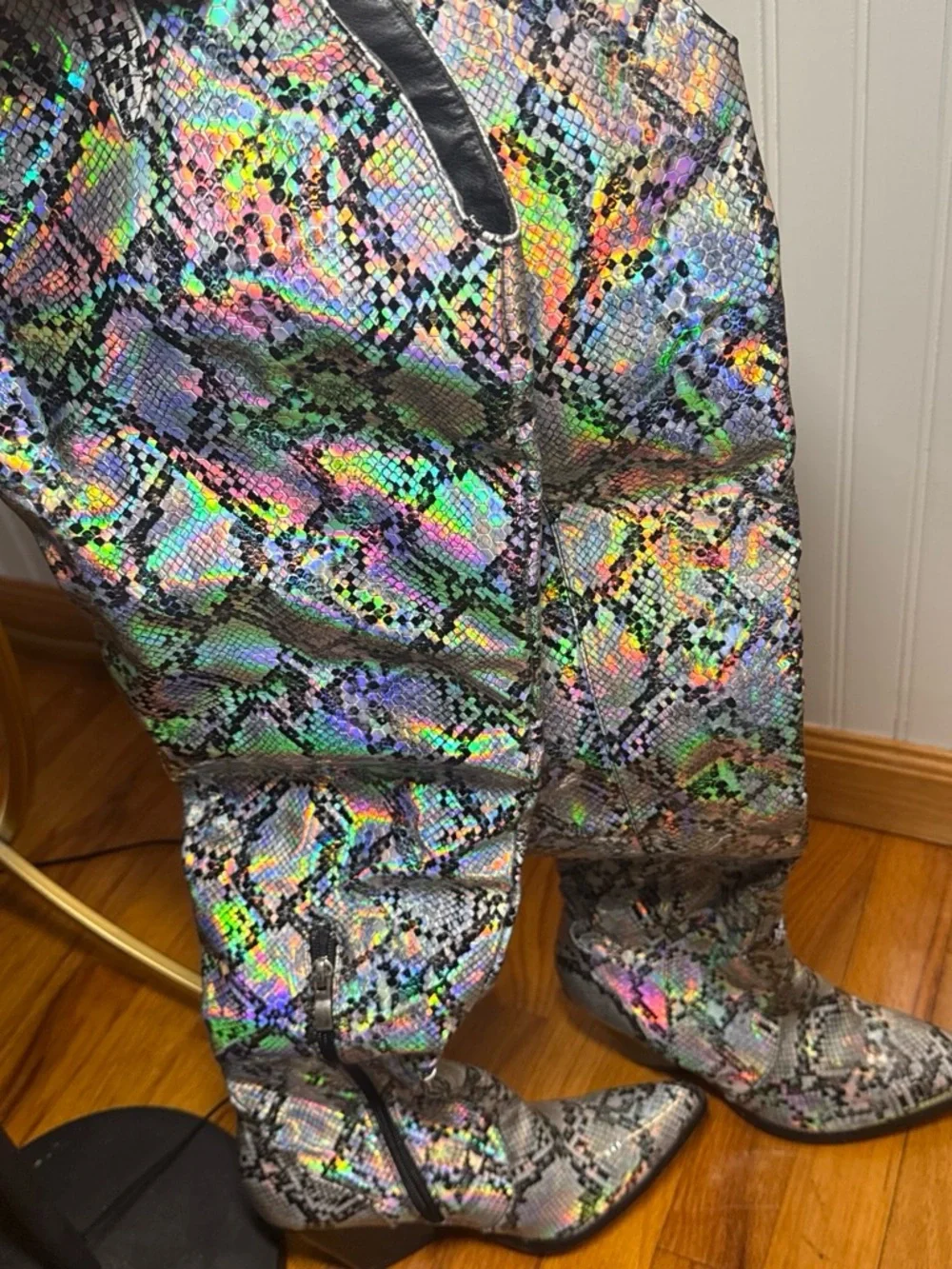AKIRA Holographic Snake-Print Over-the-Knee Boots
